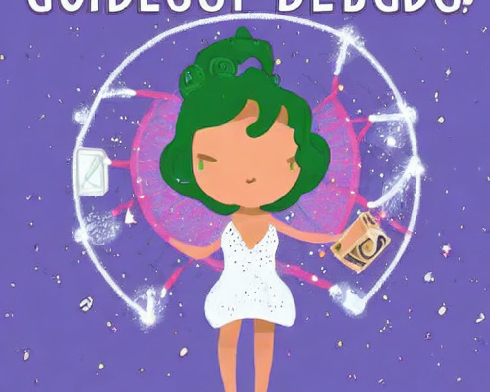 Green-haired animated character with book and money note in glowing circle on purple background