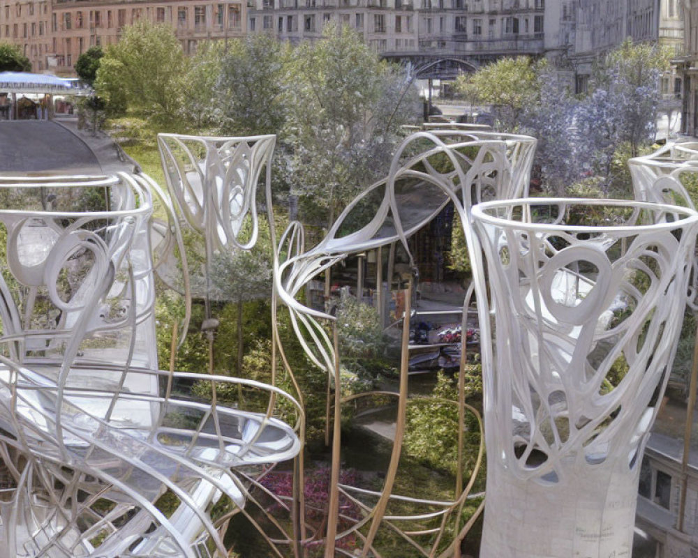 Contemporary white sculptural installation in urban park with organic patterns, trees, buildings, and clear sky