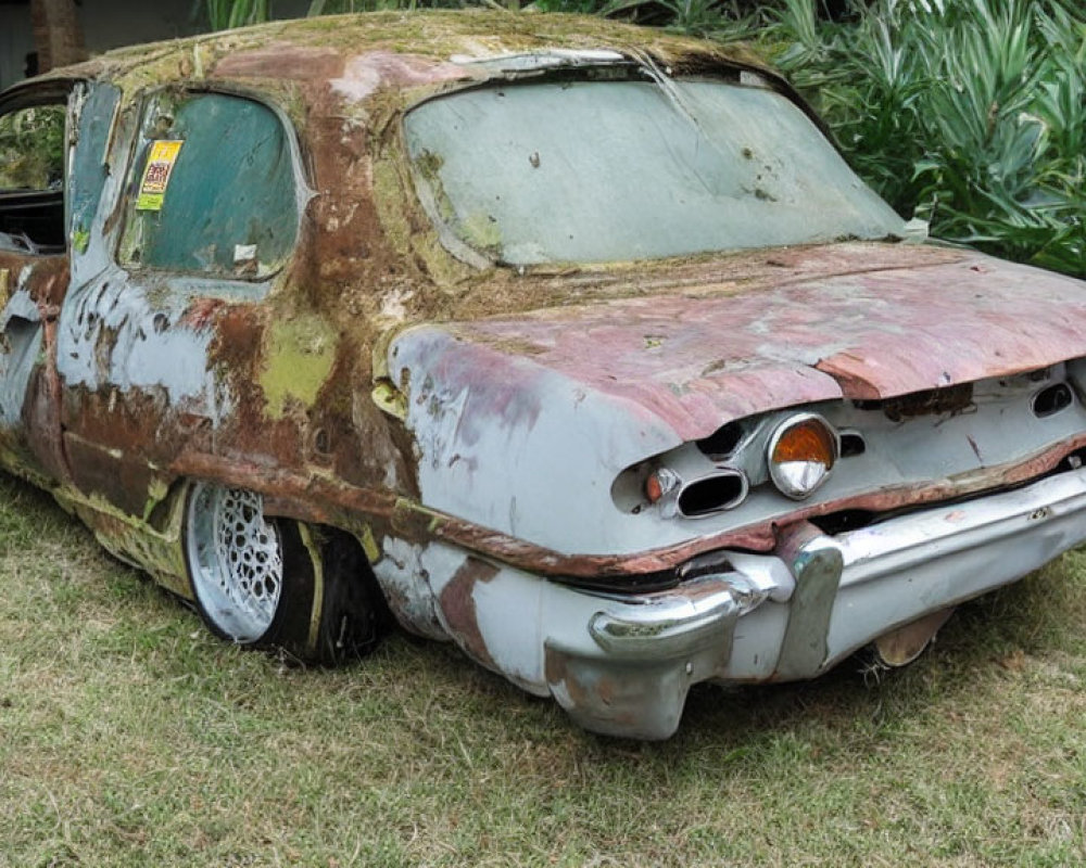 Rusted abandoned car covered in moss and plants in grassy area