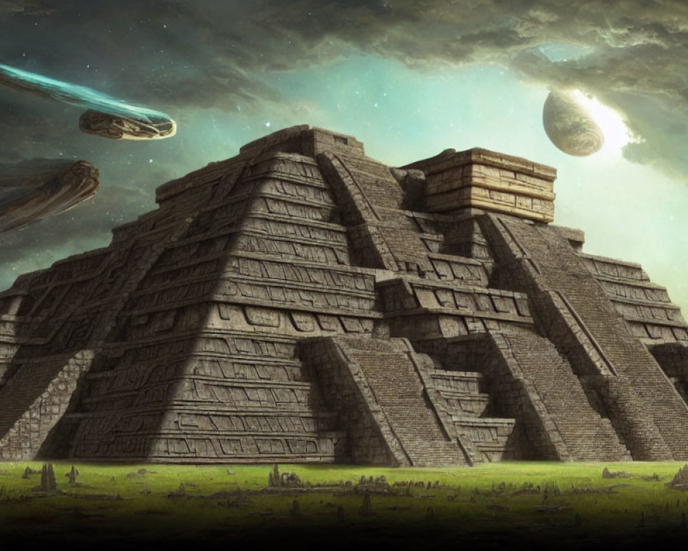 Digital artwork featuring ancient pyramid, staircase, dramatic sky, floating rocks, planet, and spaceship.