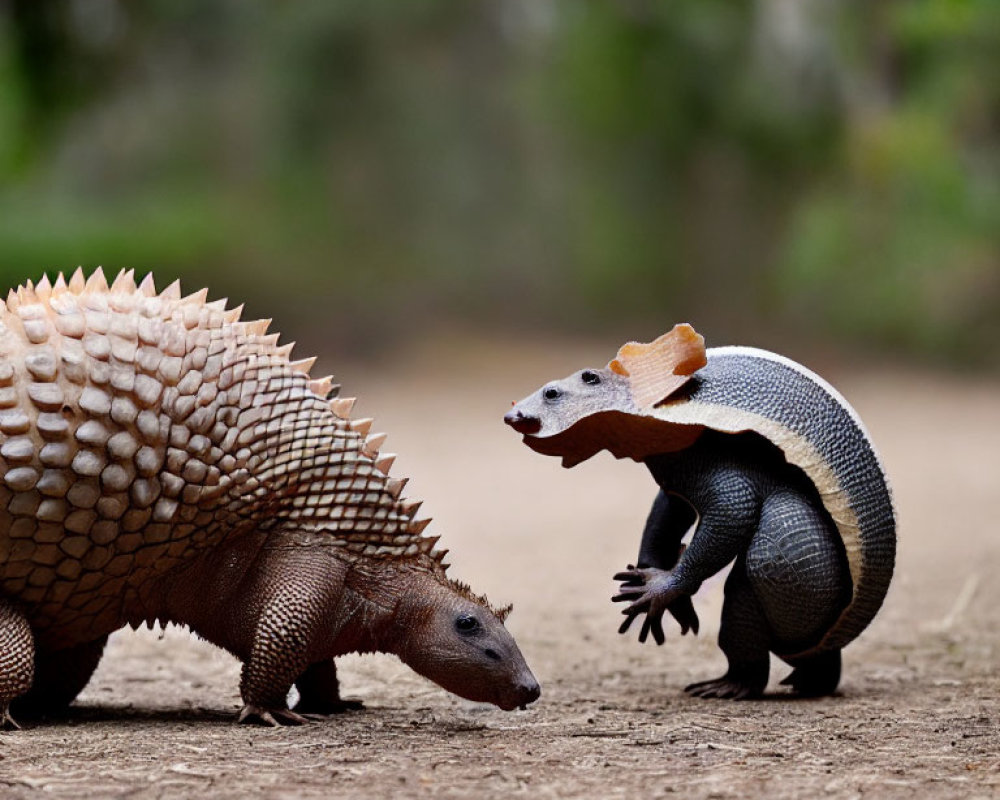 Pangolin and armadillo in conversation in forested setting