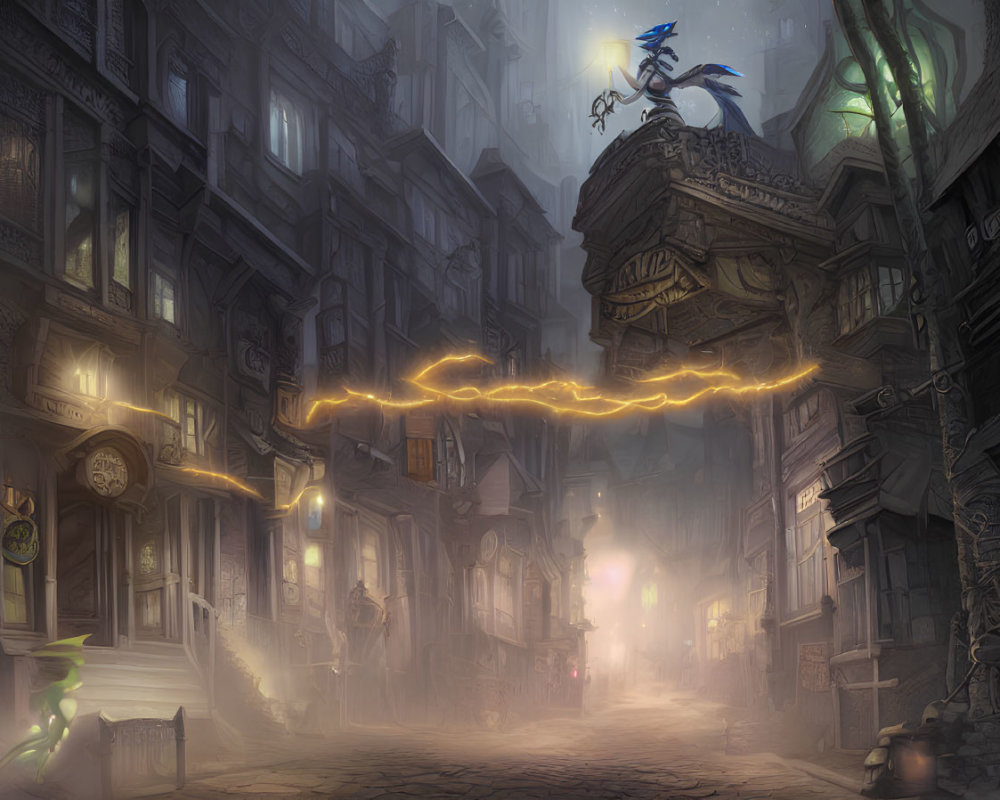 Mystical twilight street with old buildings, glowing signs, and enigmatic lightning statue