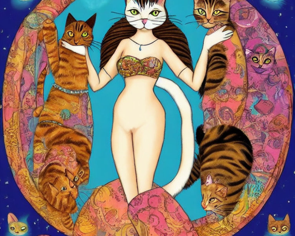 Whimsical woman with cat features surrounded by felines and celestial elements on blue background