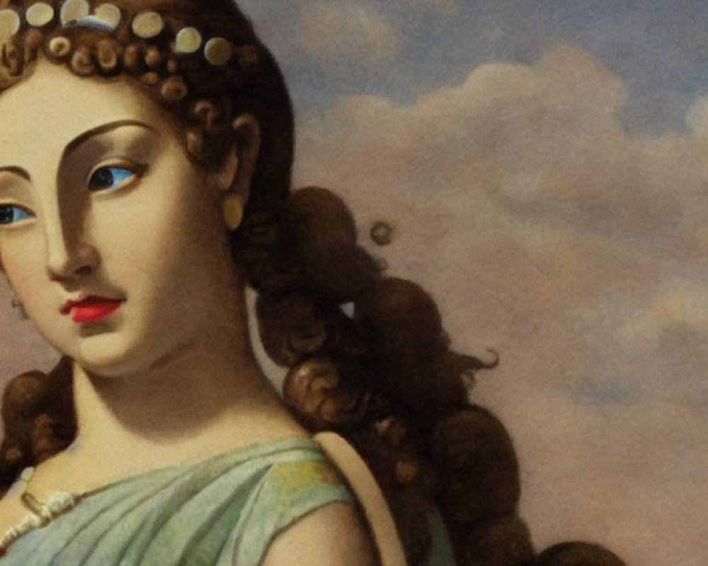 Classic Painting: Woman with Pearl Adornments and Curly Hair