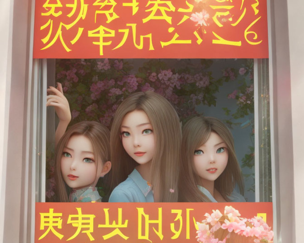 Illustrated Female Characters at Window with Pink Flowers & Japanese Text for Beauty Salon