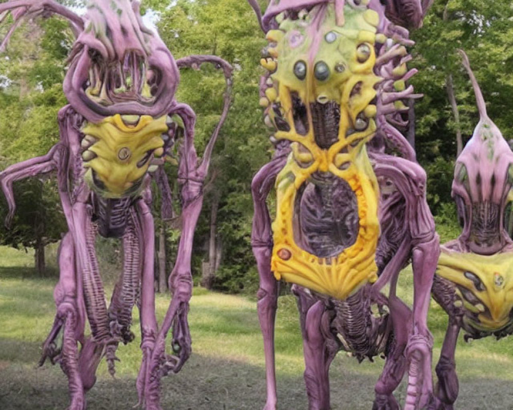 Three Large Fantastical Insectoid Sculptures in Purple, Yellow, and Green