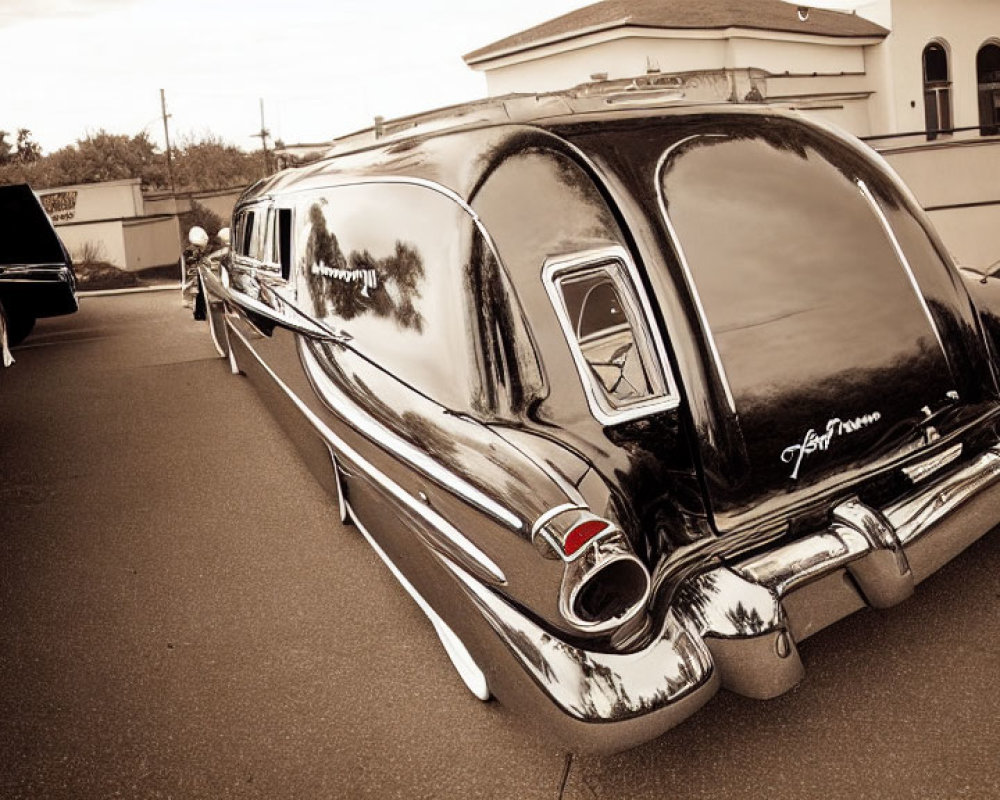 Vintage Black Hearse with Tail Fins and Chrome Details in Sepia-Tone Setting