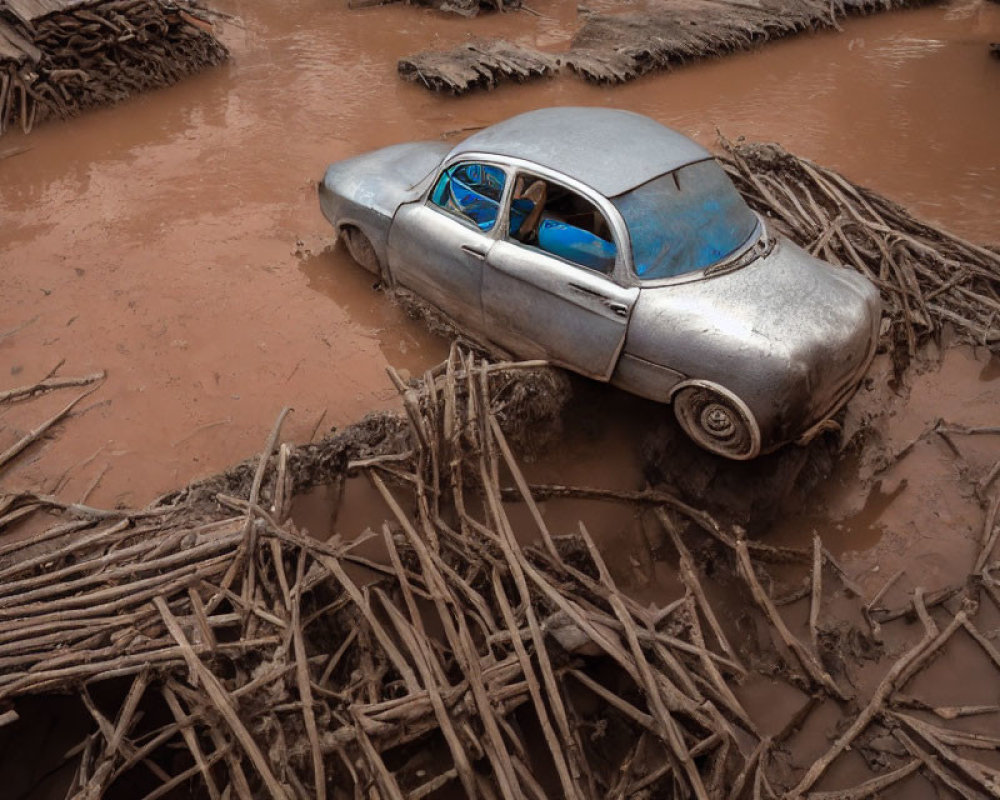 Vintage Silver Car Partially Submerged in Muddy River