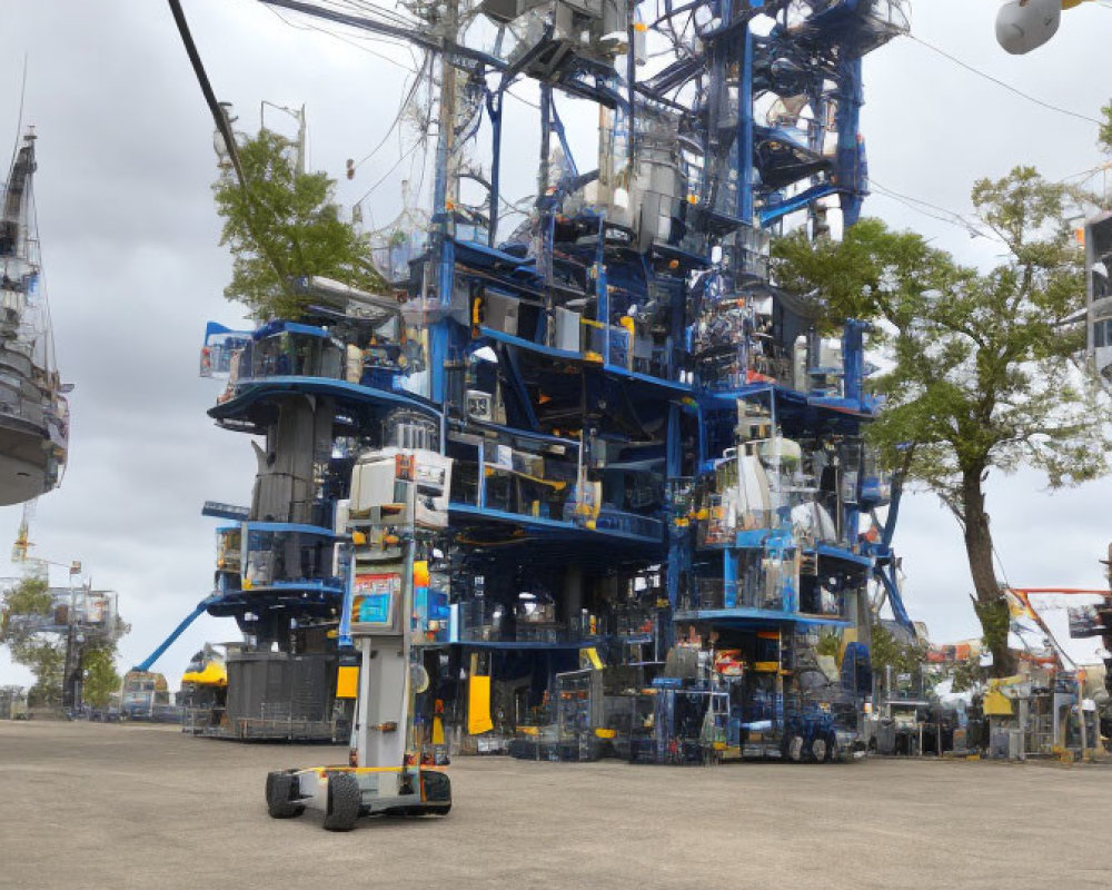 Industrial blue structure with multiple levels and mechanical equipment.