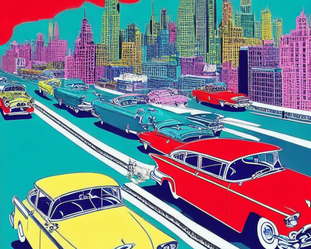 Vibrant vintage cars on multilane road with city skyline in bright colors