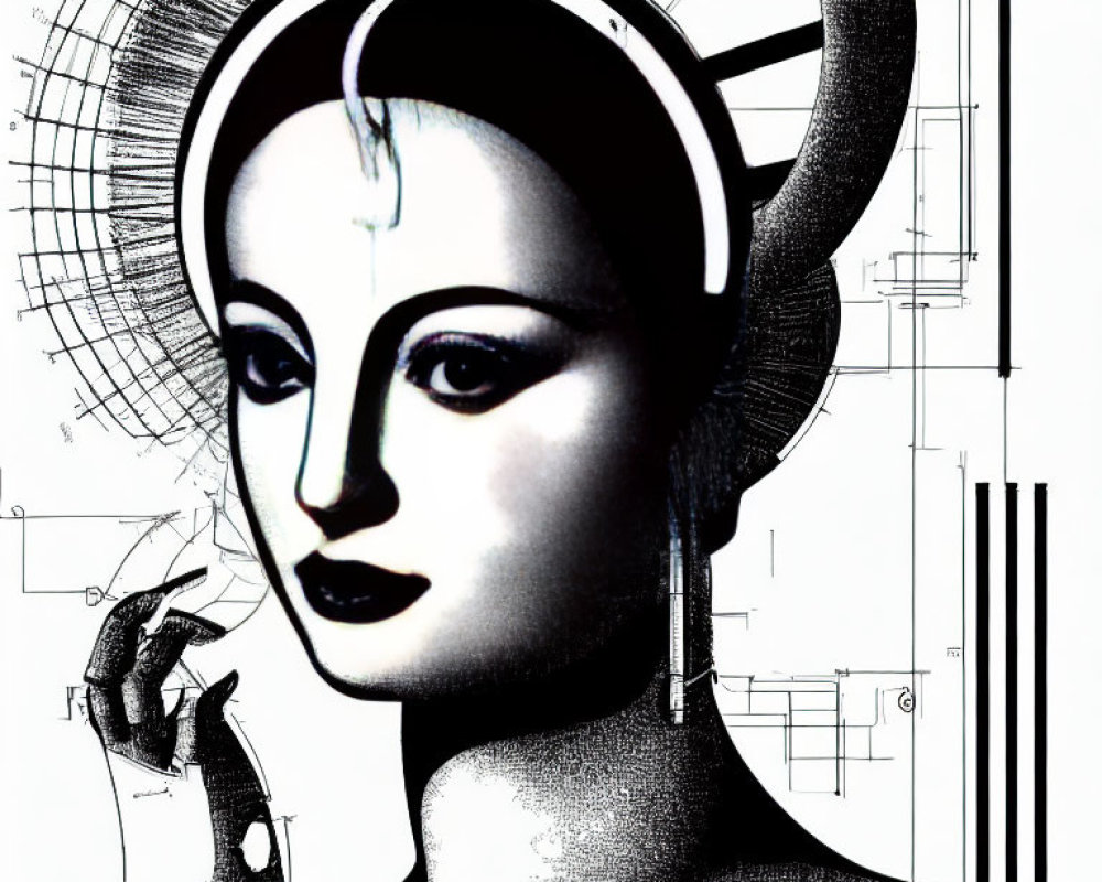 Monochromatic art deco portrait with halo headpiece and geometric backdrop