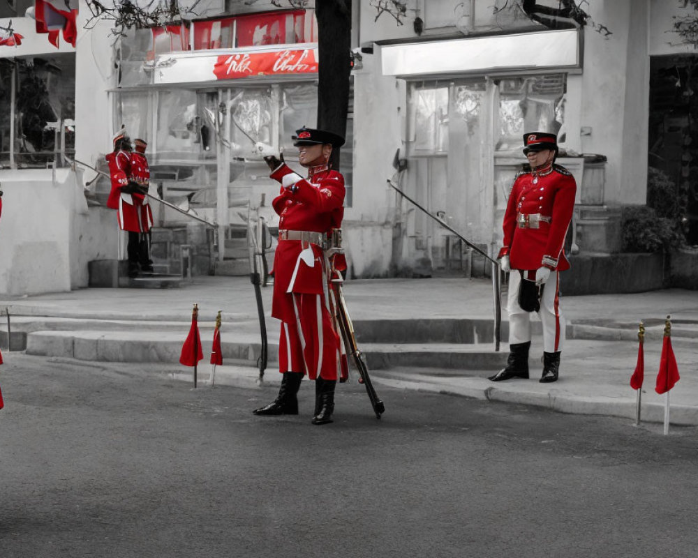 Ceremonial guards in red uniforms with rifles in front of white building