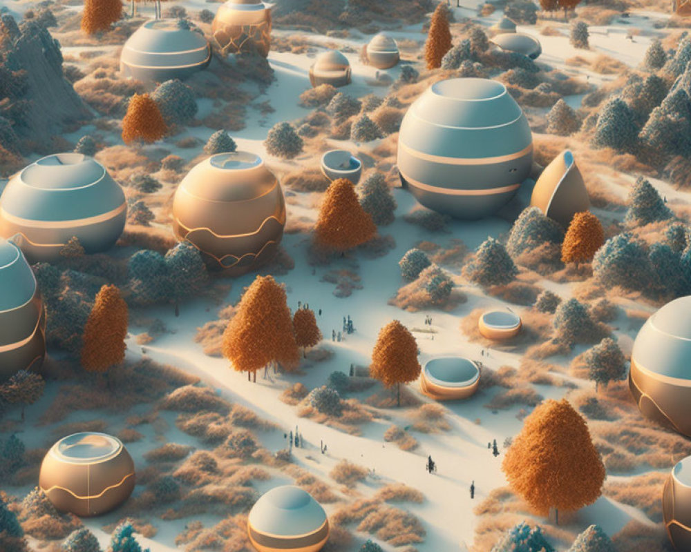 Futuristic dome-shaped structures in snowy landscape at sunrise or sunset