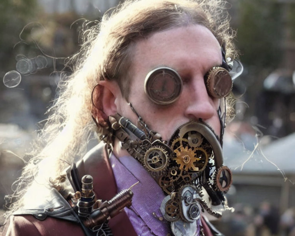 Steampunk-themed person with gear mask, goggles, vest, and bubbles.