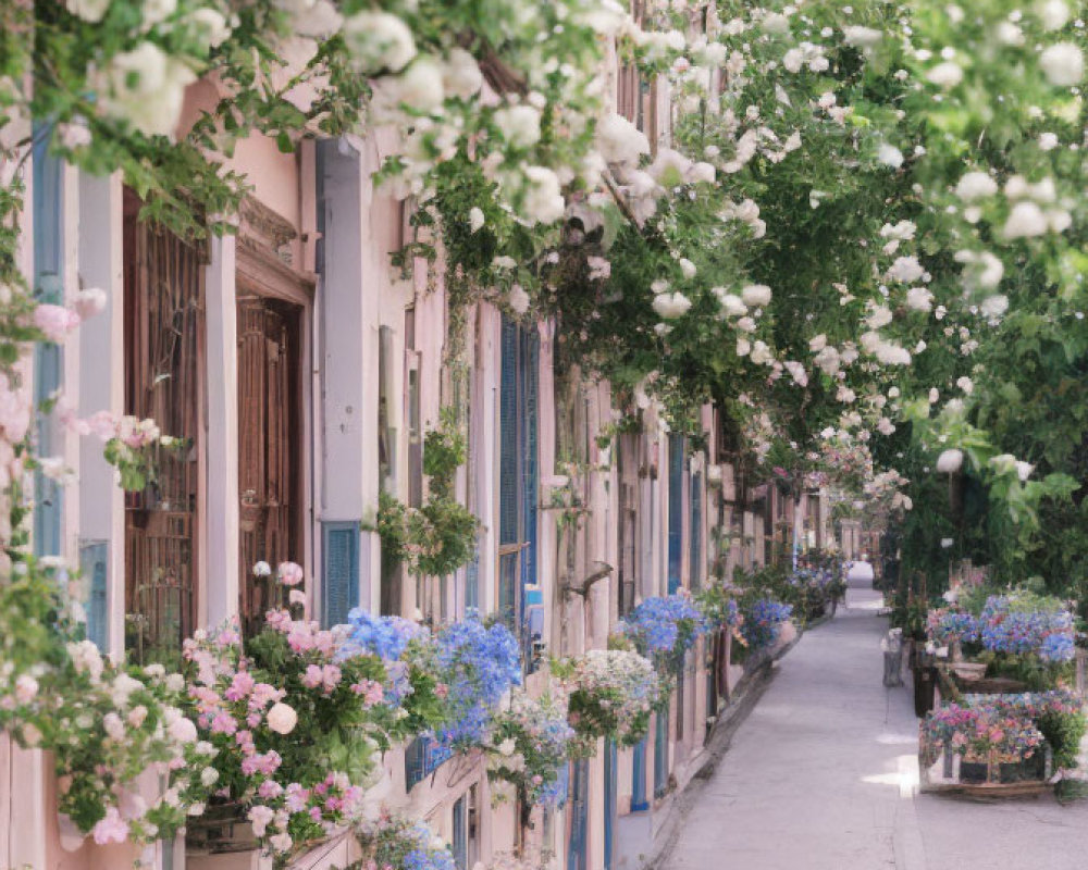 Scenic alley with white flowers, pastel buildings, and blue planters