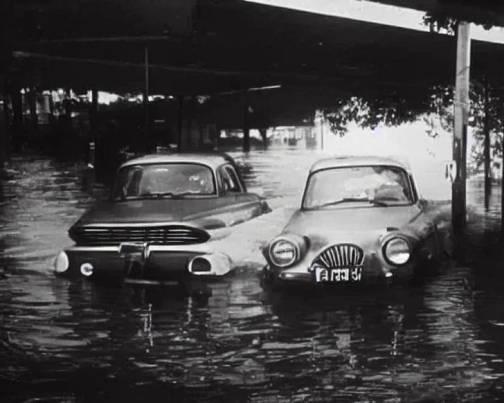 Vintage cars partially submerged in black and white floodwaters