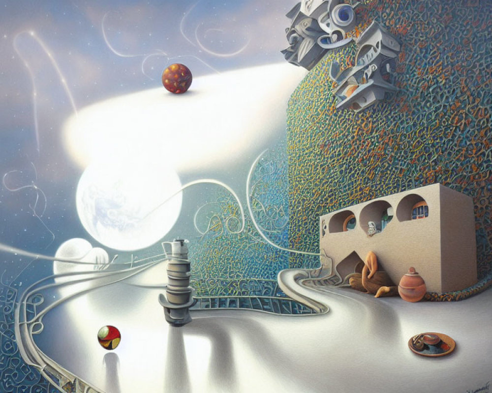 Surreal landscape with sinuous paths, small building, floating orbs, whimsical structure under bright