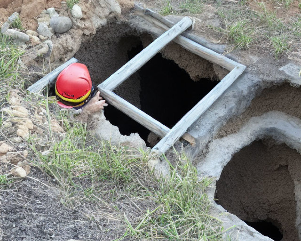 Person in red helmet peeks from square hole in ground with dirt and grass, adjacent hole.