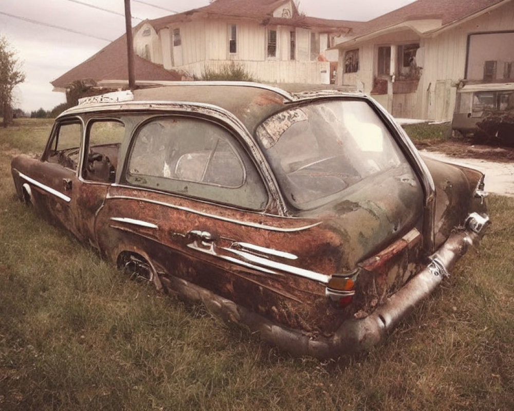 Abandoned rusty station wagon in grassy field under cloudy sky