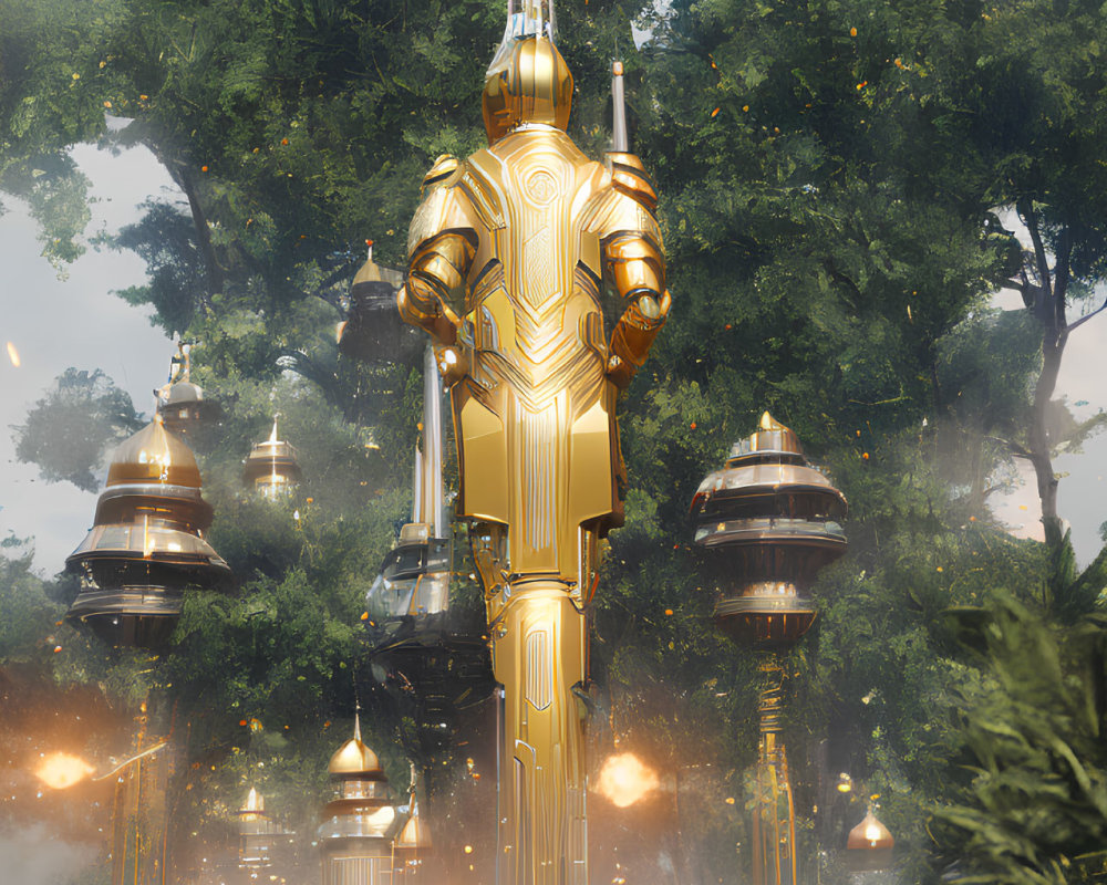 Golden robot in foggy landscape with floating bell-like structures