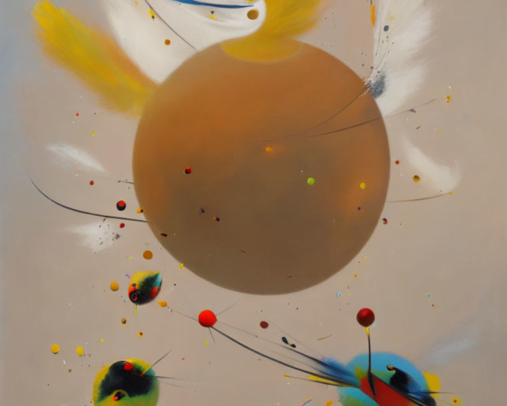 Abstract painting featuring large central brown sphere, white bird-like shapes, colorful orbs, splashes, and