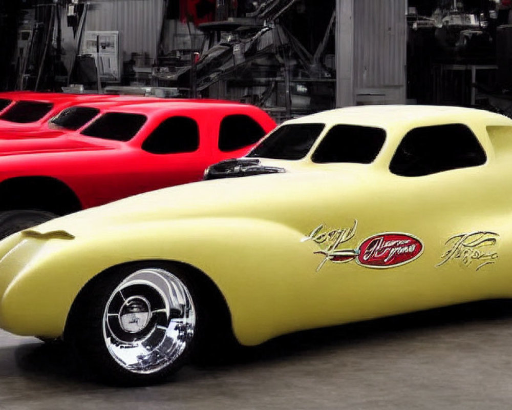 Custom Yellow Hot Rod with Chrome Wheels in Workshop