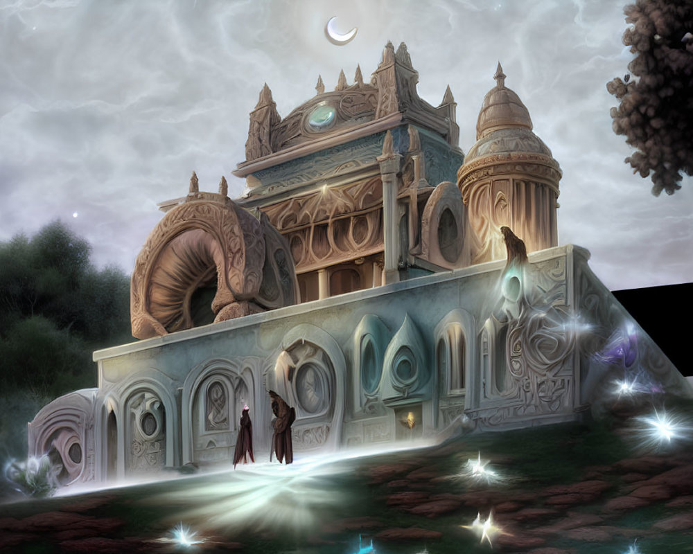 Fantastical palace with glowing flowers and cloaked figure at twilight