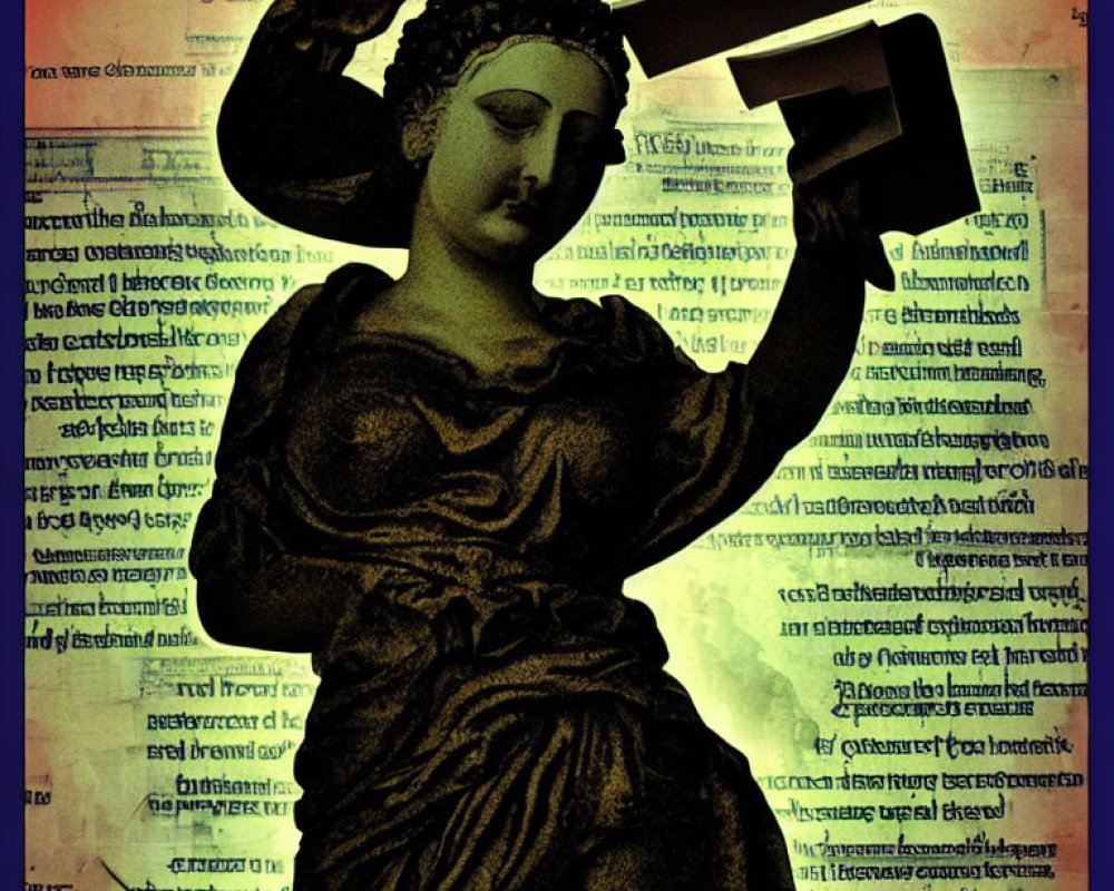 Classical statue with book and torch on script backdrop