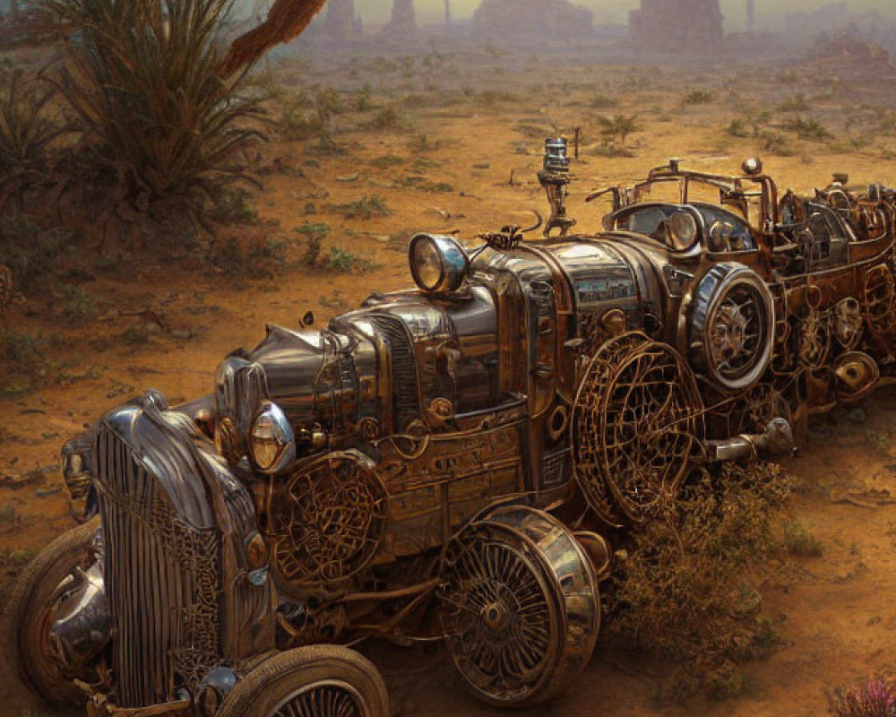 Steampunk-style car in desert landscape with cacti and rock formations