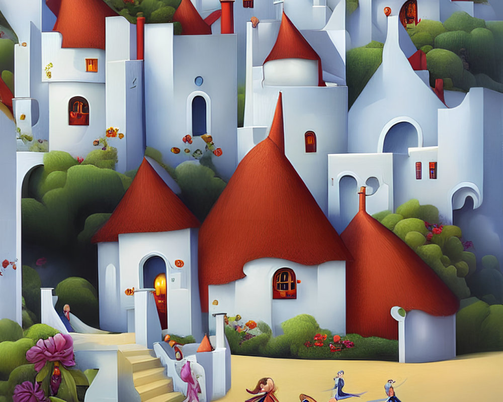 Vibrant castle painting with characters in medieval attire dancing