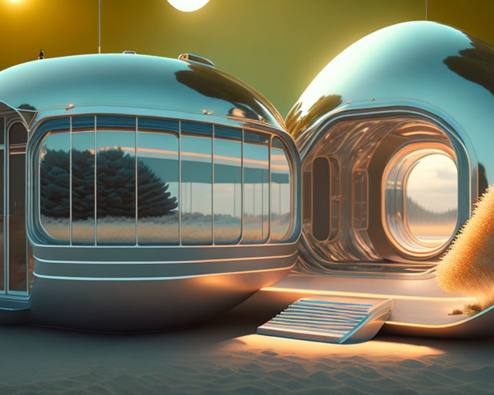 Spherical modular home with large windows in desert setting at sunset, showcasing cactus in transparent living space