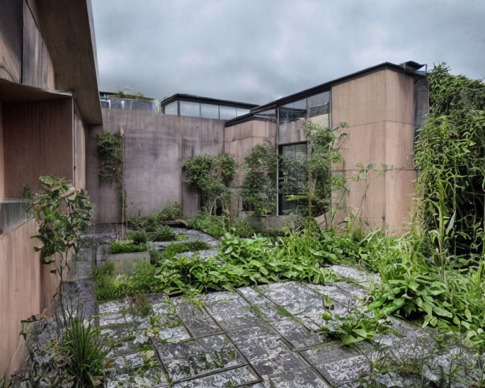 Tranquil overgrown courtyard with lush greenery and weathered stone tiles surrounded by modern buildings.