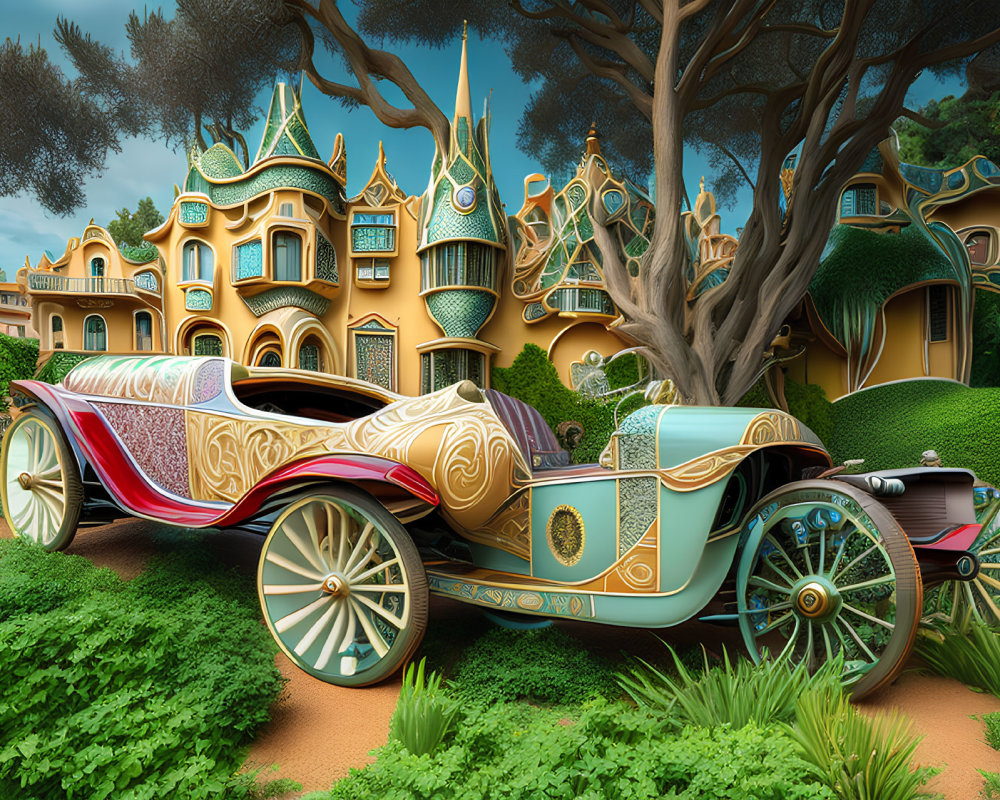 Ornate carriage parked by whimsical tree and building in lush green setting