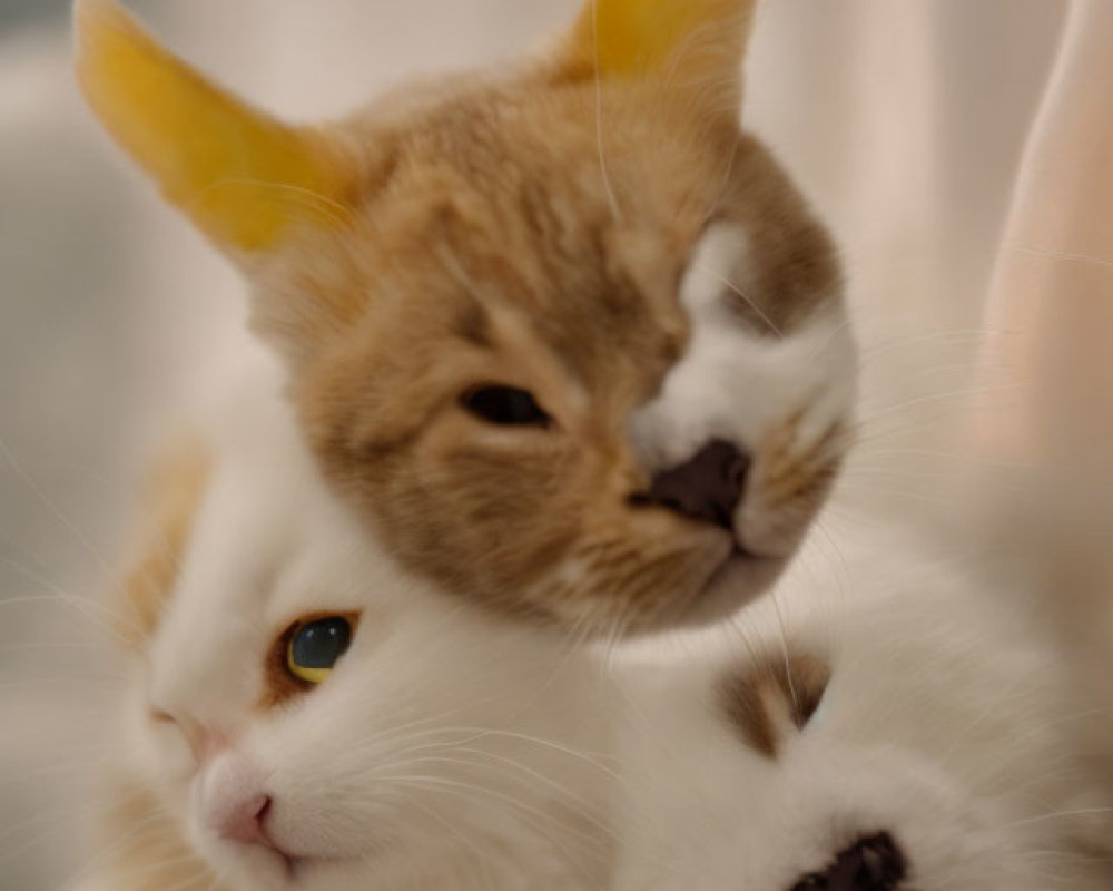 Two Cats Cuddling: White & Orange with Perked Ears