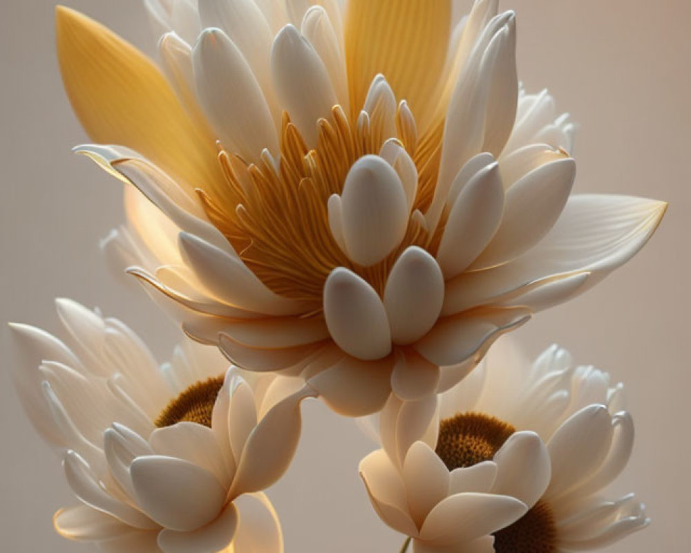 Three white lotus flowers with golden-yellow petals on soft illuminated background