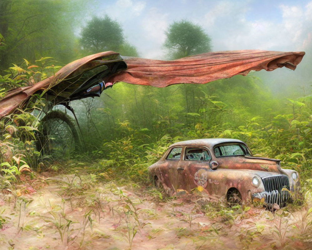 Rusty abandoned car in overgrown forest with sunlight and tattered cloth