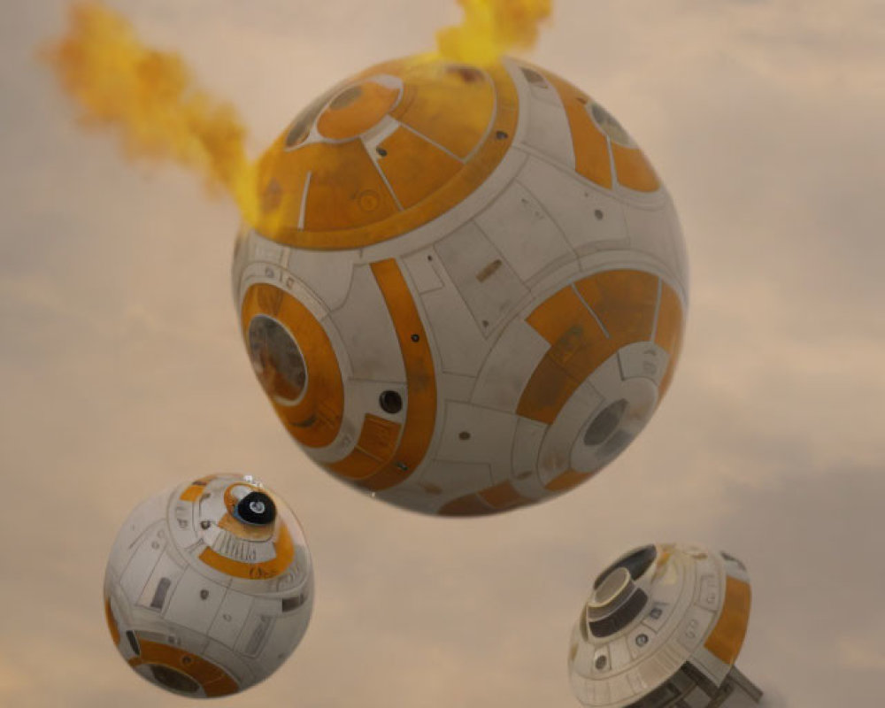 Three BB-8 droids in sky, one on fire