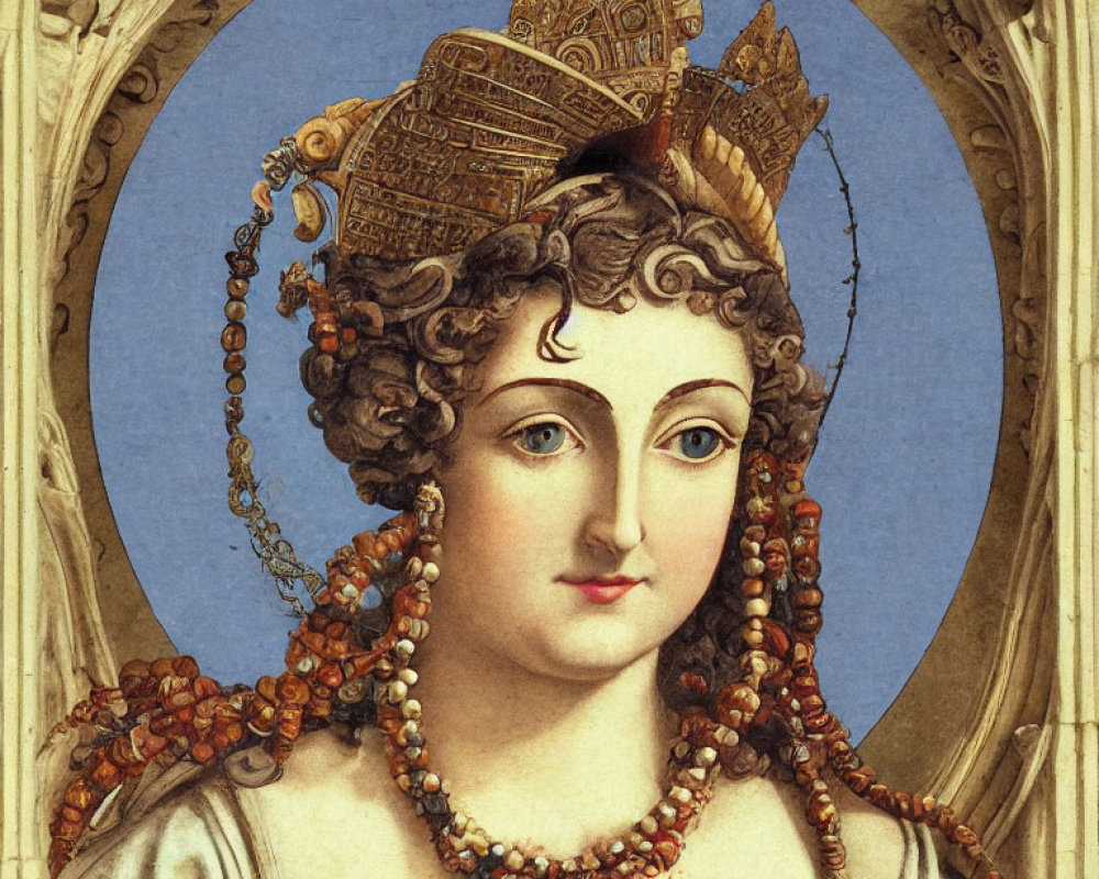 Woman portrait with ornate headdress, beaded necklaces, and detailed gown on blue background in