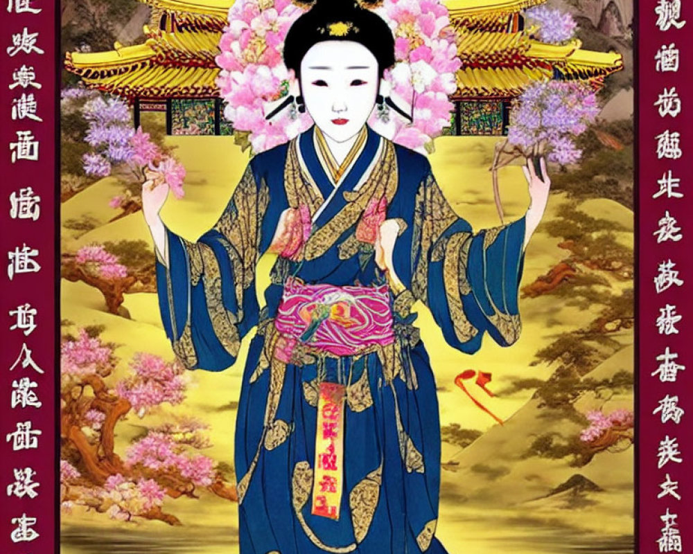 Traditional Asian Woman in Elaborate Blue Attire Surrounded by Floral Background and Chinese Text