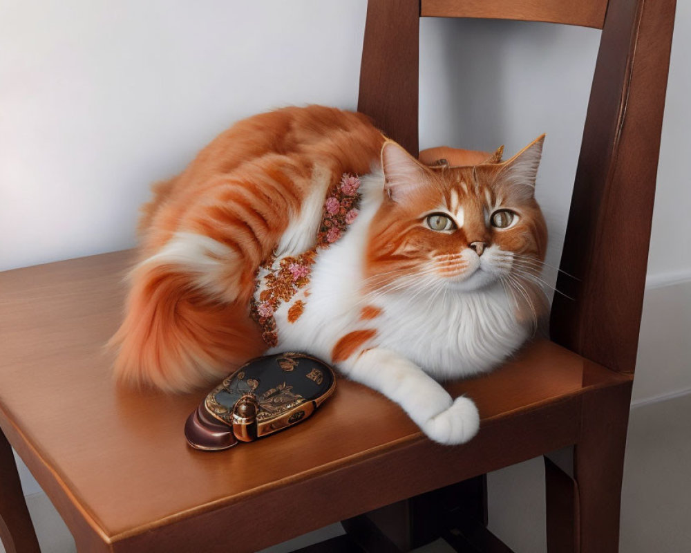 Orange and White Cat with Striking Eyes Resting Near Vintage Pocket Watch