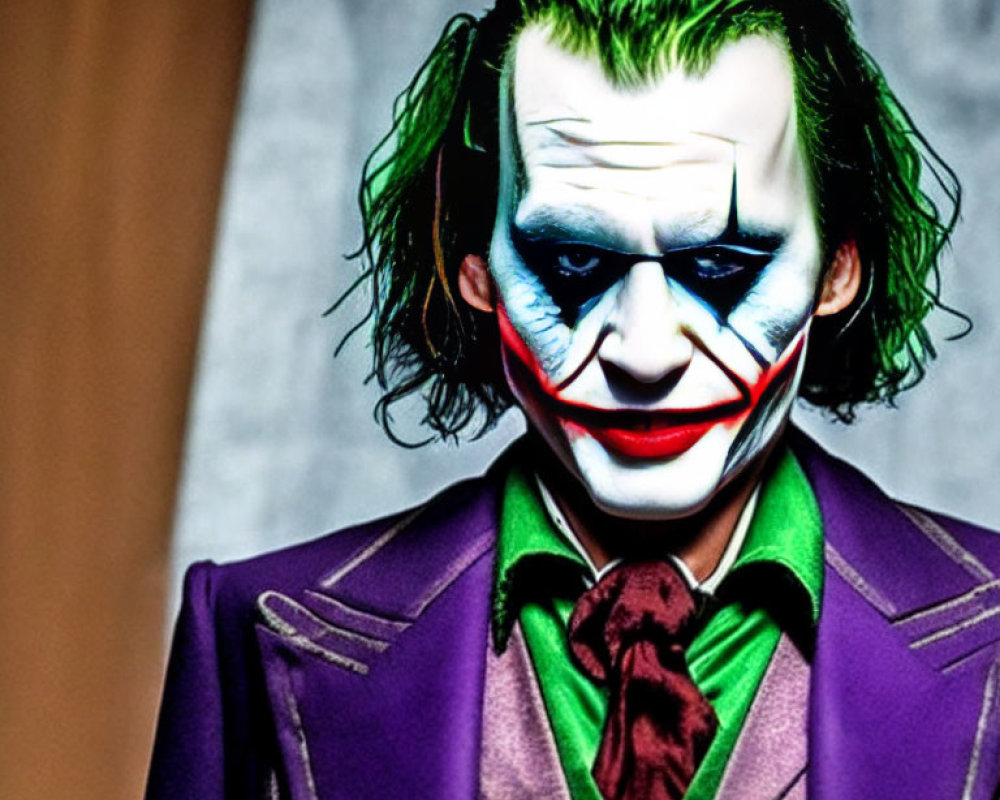 Intense stare of person in Joker costume with white makeup & green hair