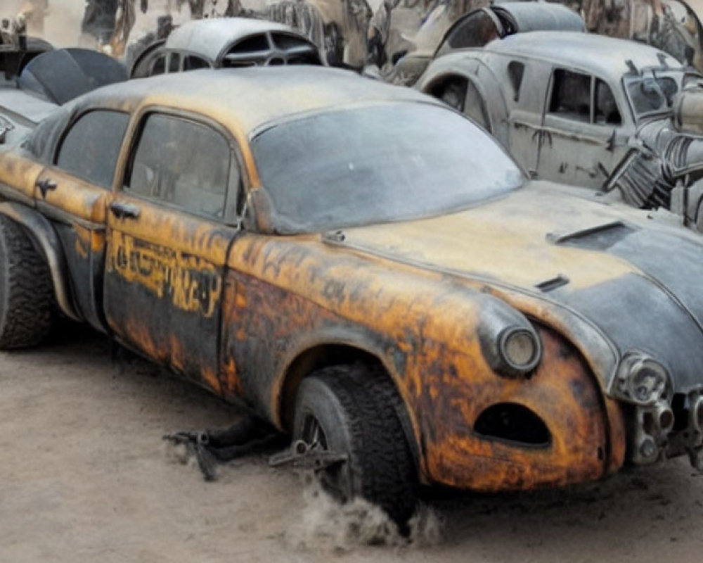 Rusty vintage vehicle in post-apocalyptic setting