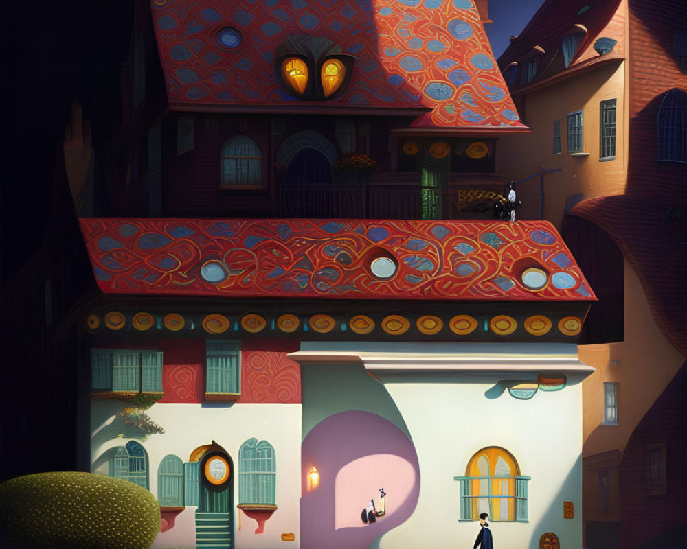 Ornate house with whimsical designs and figure at night