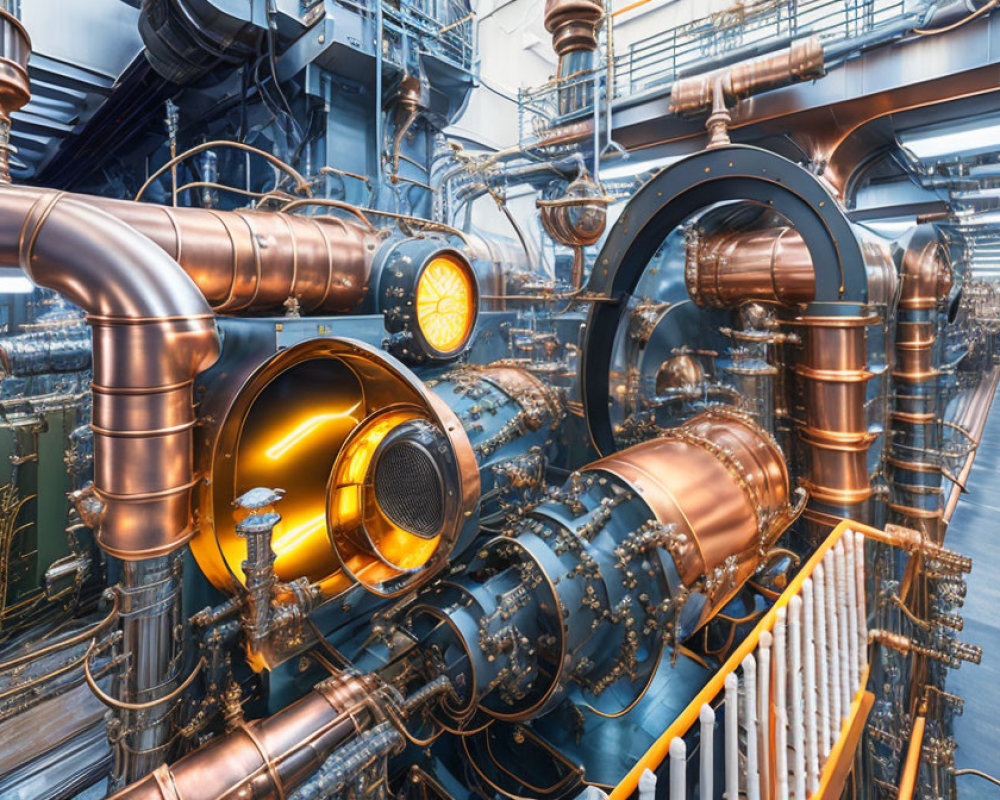 Industrial interior with blue pipes, metallic surfaces, and glowing orange elements.