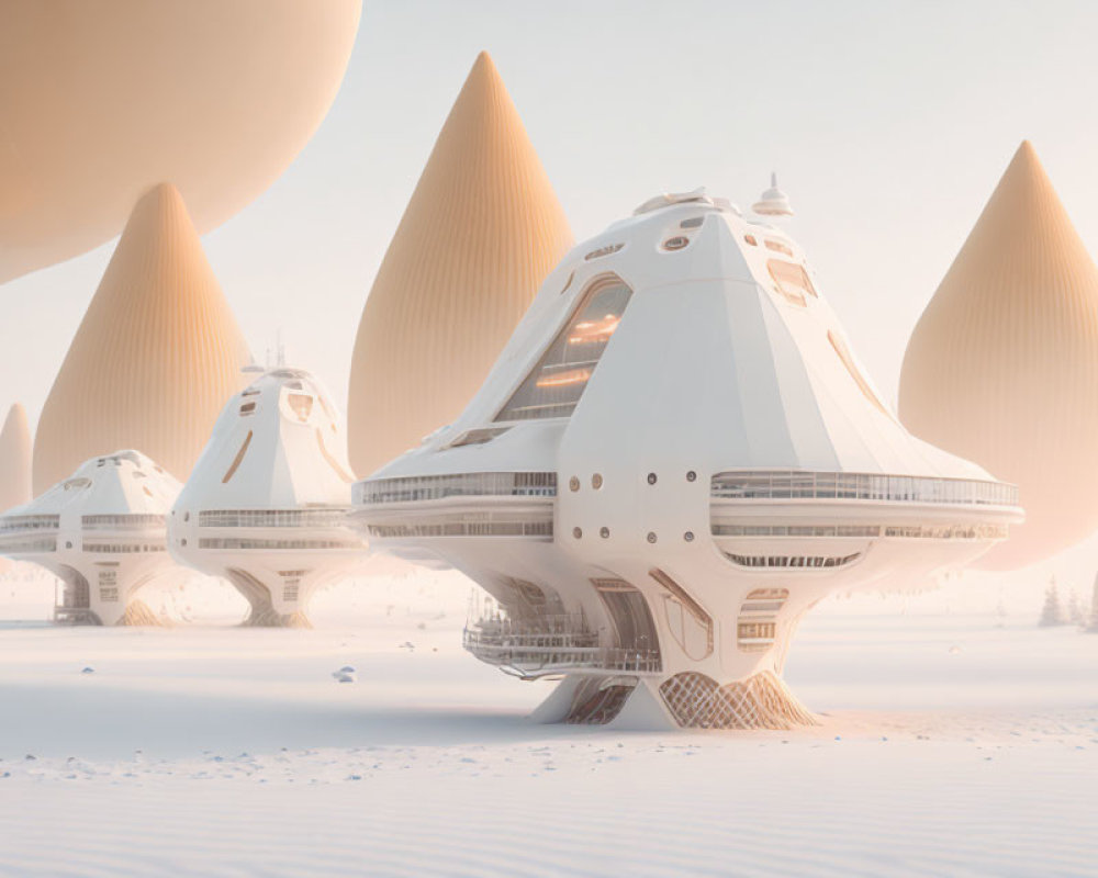 Futuristic teardrop-shaped buildings in desert landscape under hazy sky