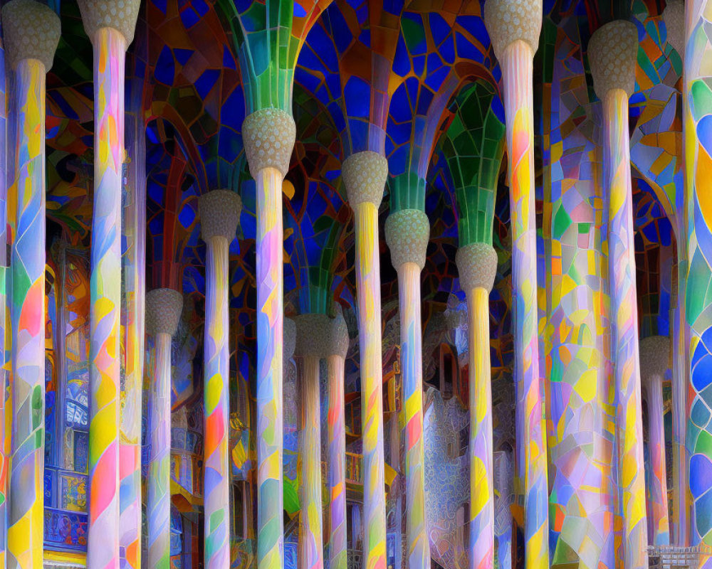 Colorful mosaic artwork on ornate hallway columns with intricate patterns.