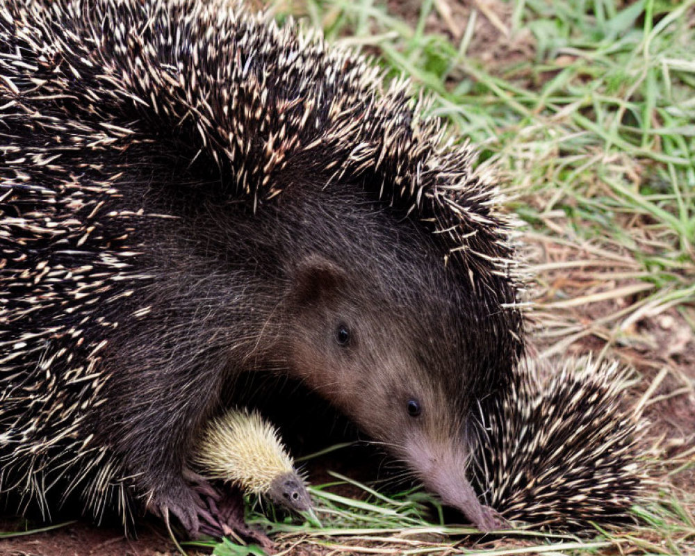 Mother Hedgehog and Baby Hedgehog Walking Through Grass