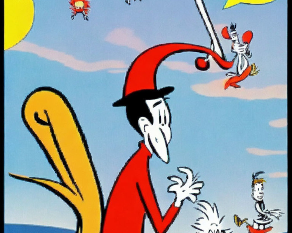 Tall character in red hat and coat holding two smaller characters under blue sky