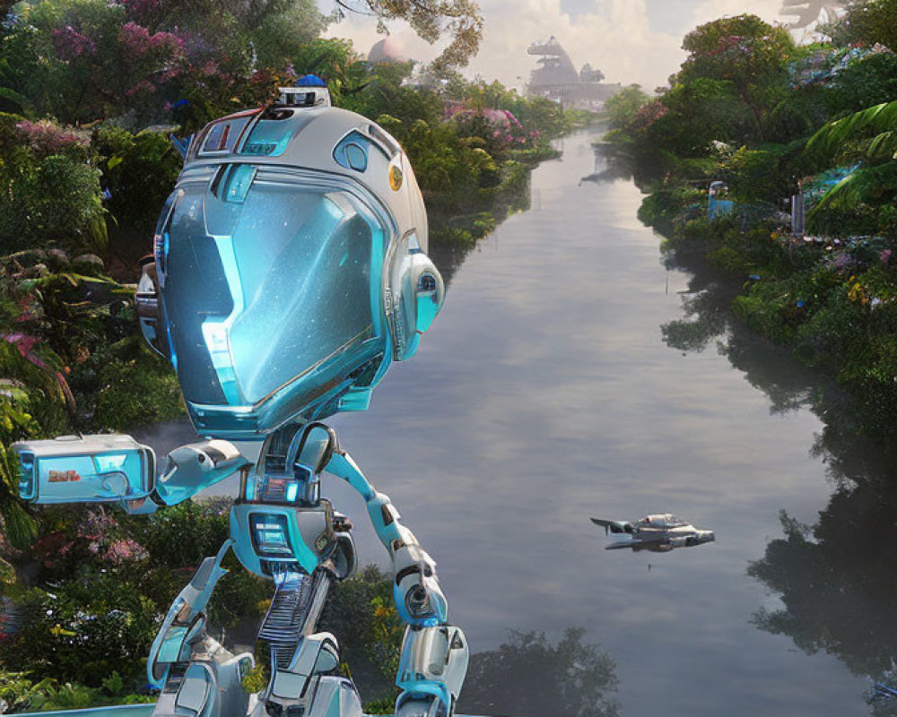 Transparent-headed robot gazes at lush river scene