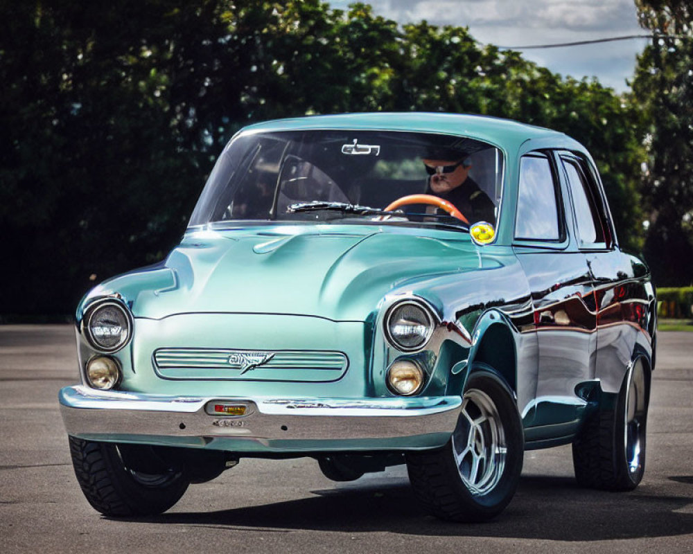 Mint Green Classic Car with Chrome Grille and Driver in Sunglasses